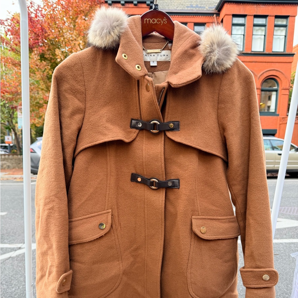 Trina Turk Brown Cape Coat with Faux Fur Collar and A-Line shape